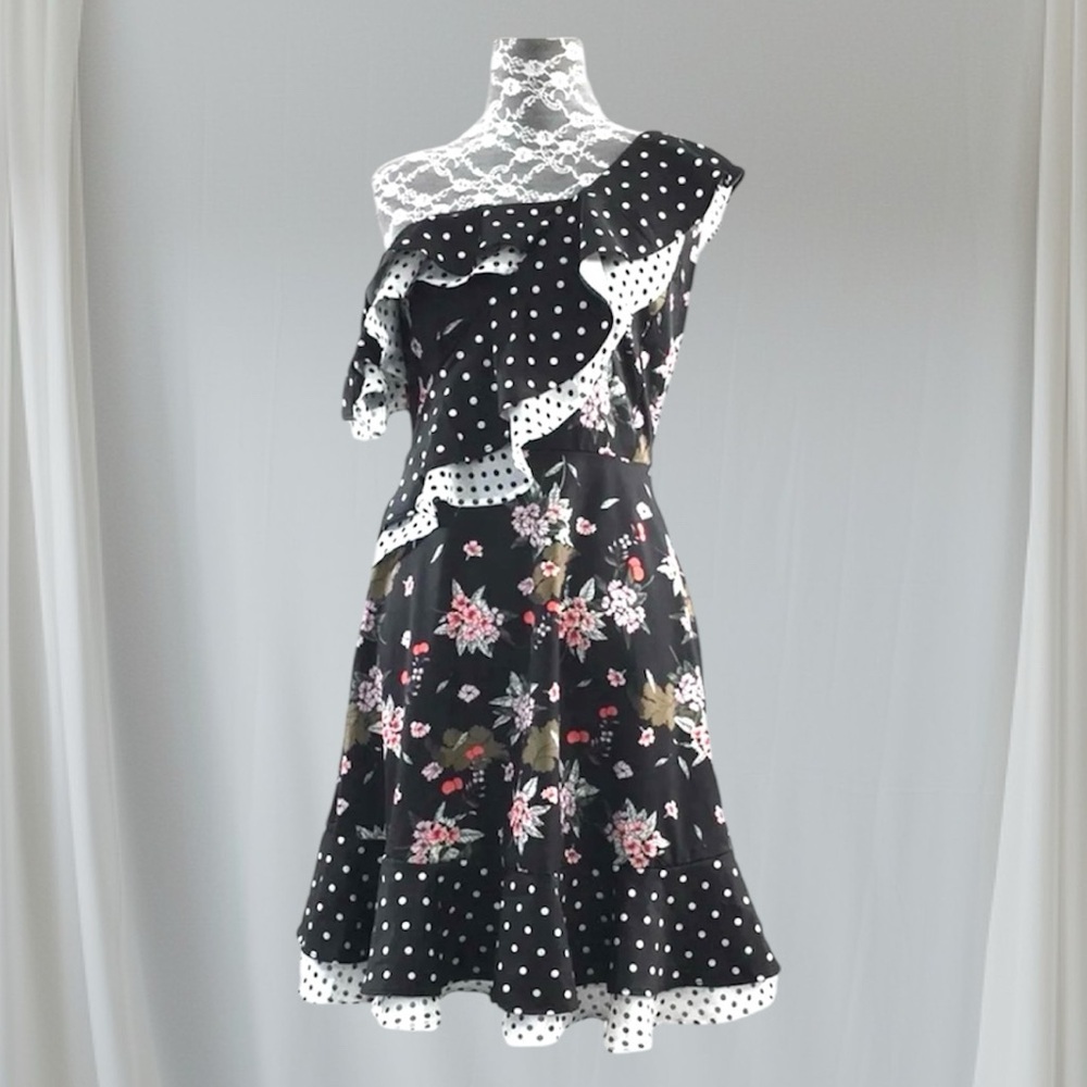 Y2K Lea And‎ Viola One Shoulder Dress Black Ruffle Dance Flirty Small Retro